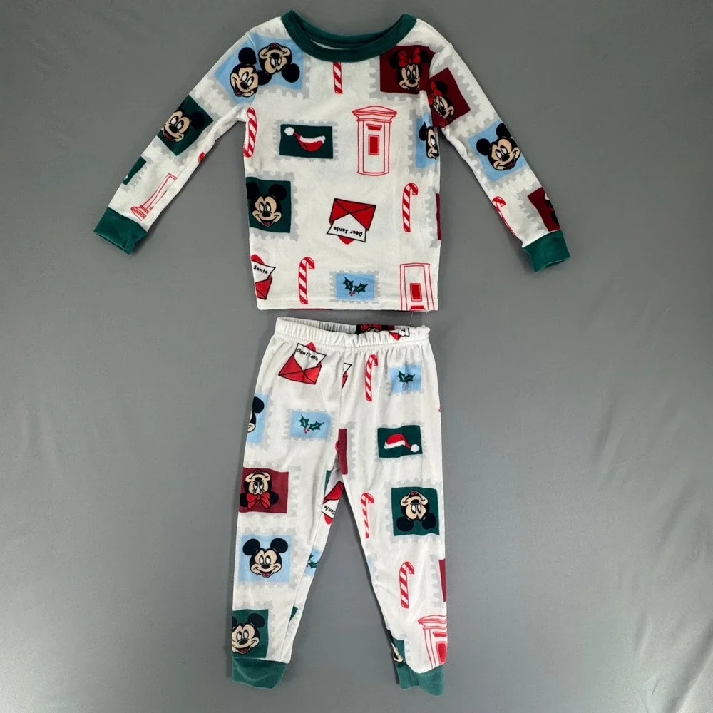Disney Mickey Minnie Mouse Holiday Pajama Set Kids 4T White Green Christmas